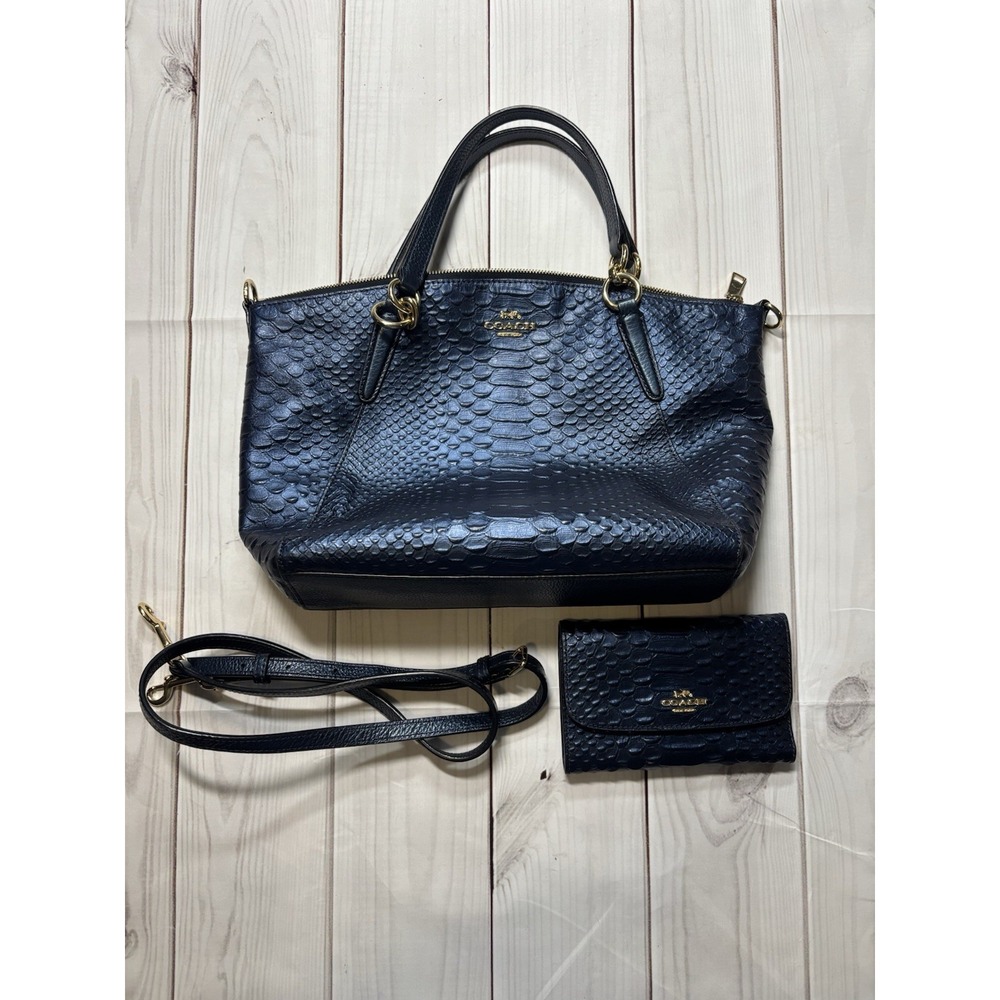 Coach Small Kelsey Satchel Python Embossed Leather Shoulder Bag Matching Wallet